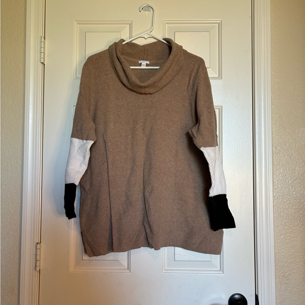 J. Jill Camel Cowl Neck Sweater with Monochrome Sleeves
